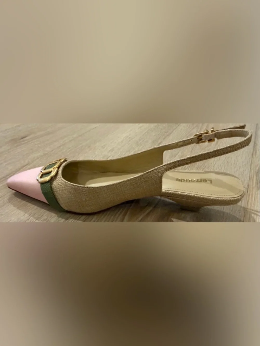 Larroude Franca Micro Heel Slingback Pump Pink/Beige/Green Raffia Size 7 NWT